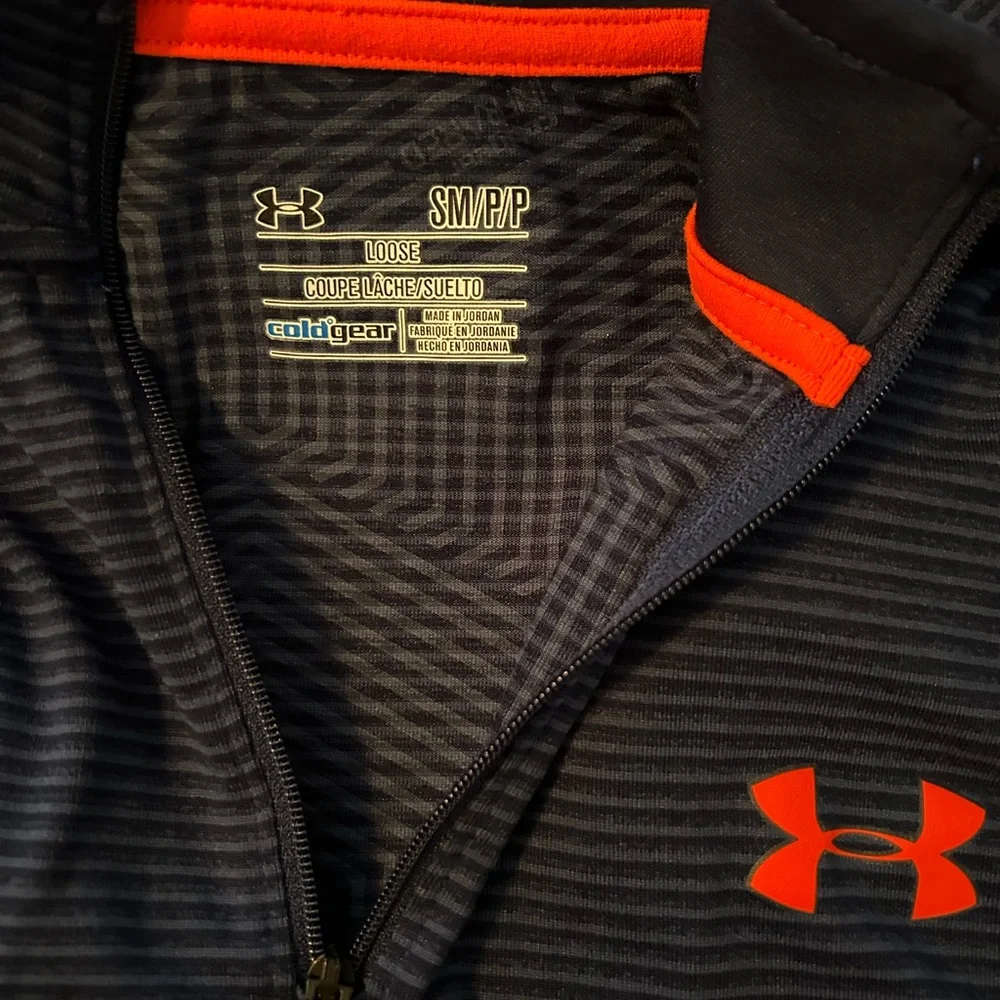Under Armour ColdGear ¼-Zip Pullover Size Small Blue Striped w/ Neon Orange Logo